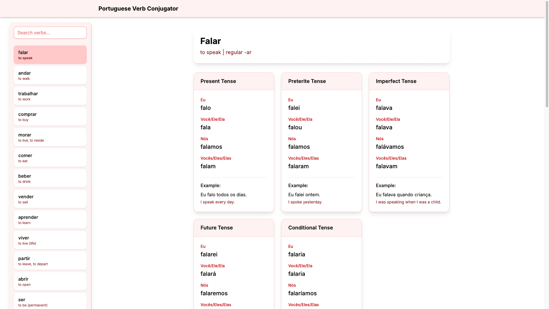 Verbos - Brazilian Portuguese Verb Conjugator project preview